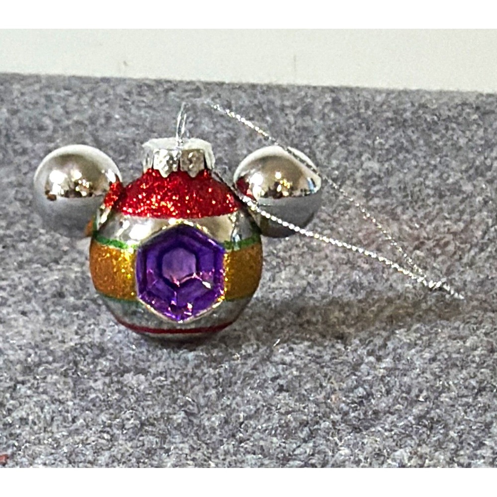 Disney Mickey Mouse Head Glass Christmas Ornament Silver Glitter Gem